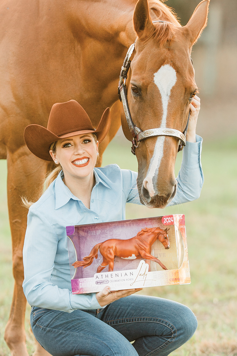 Athenian Lady, the 2024 BreyerFest Celebration Horse, with her Breyer model. Enter this essay contest so your favorite horse can become a Breyer, too.