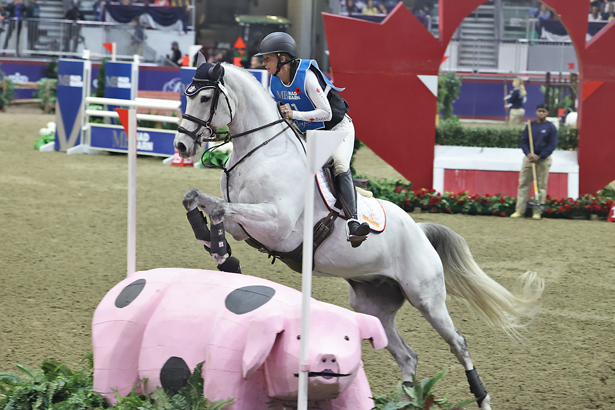 Canadian rider Kendal Lehari and Audacious topped the Mad Barn Indoor Eventing Showcase at the 2024 Royal Horse Show at the 2024 Royal Agricultural Winter Fair.