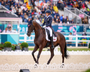 Liz Halliday and Nutcracker score a 28.0 in eventing dressage at the 2024 Paris Olympics