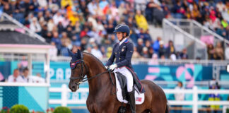 Liz Halliday and Nutcracker score a 28.0 in eventing dressage at the 2024 Paris Olympics