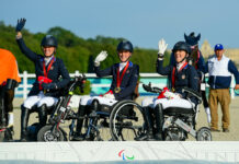 The gold-medal winning U.S. Para Dressage Team at the 2024 Paris Paralympics. From left to right: Rebecca Hart, Fiona Howard, and Roxanne Trunnell.