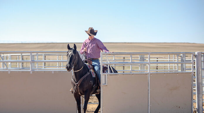 A trainer riding a horse through a gate on a ranch