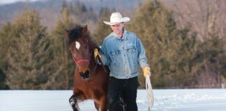 A man leads a horse through deep snow.