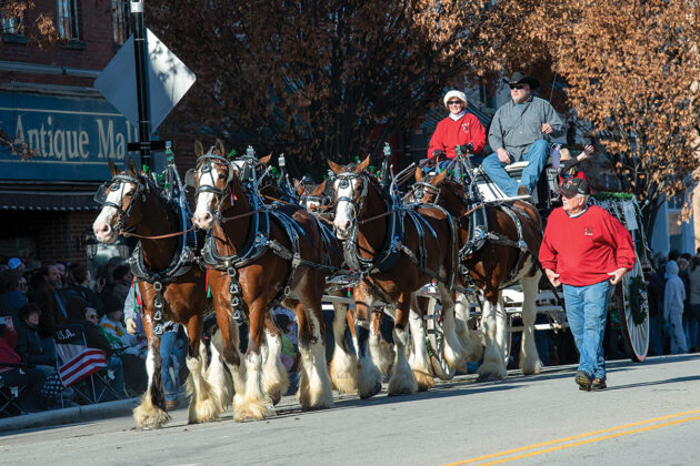 A hitch of six Clydesdales moving down the street.