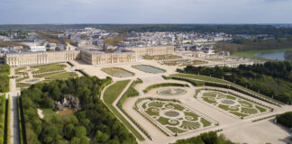 An aerial view of the Palace of Versailles, which will be the home to equestrian sports during the 2024 Paris Olympics
