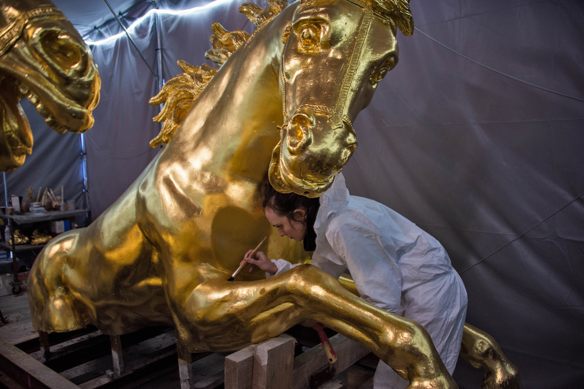 Restoration work on one of the gilded horses from Apollo’s Fountain at the Palace of Versailles