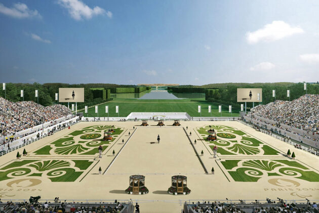 An artist’s rendering of what the equestrian venue at the Palace of Versailles will look like on the first day of competition at the 2024 Paris Olympics