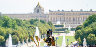 Laura Collett and London 52 on the 2024 Paris Olympics cross-country course with the Palace of Versailles setting the scene