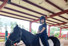 Riding a horse in a covered arena.