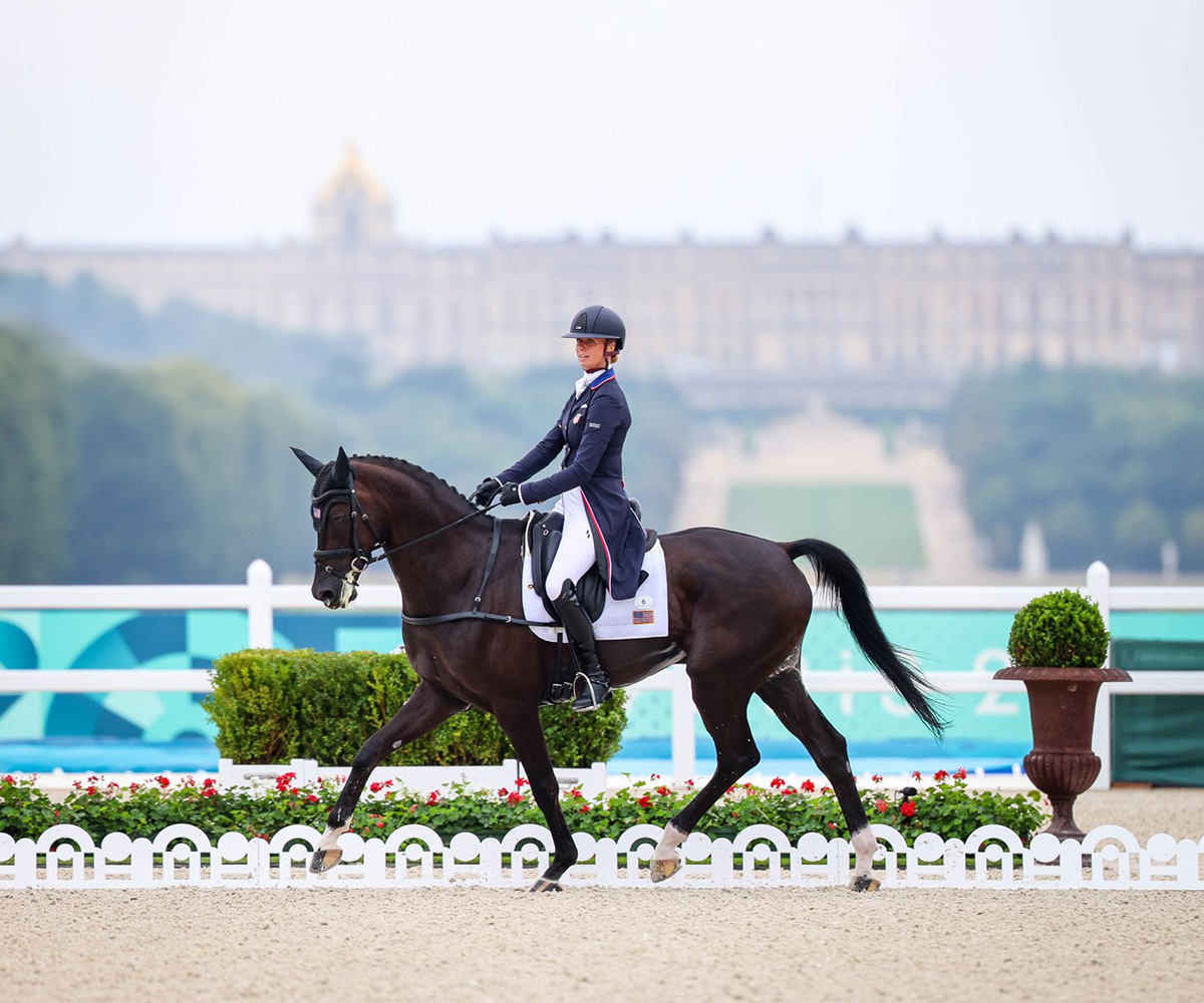 Caroline Pamukcu and HSH Blake competing in eventing dressage at the 2024 Paris Olympics