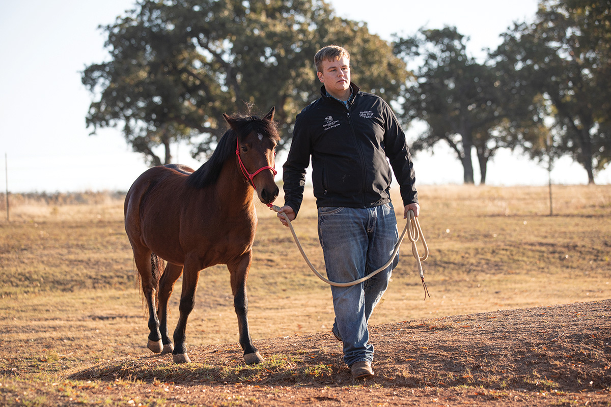 A teen boy leads a pony