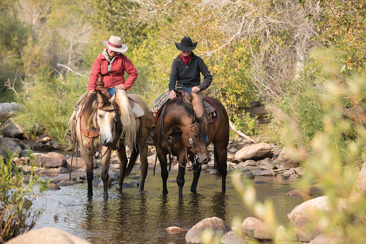 Two riders on their horses in a creek bed, which can be a risky area when it comes to ticks