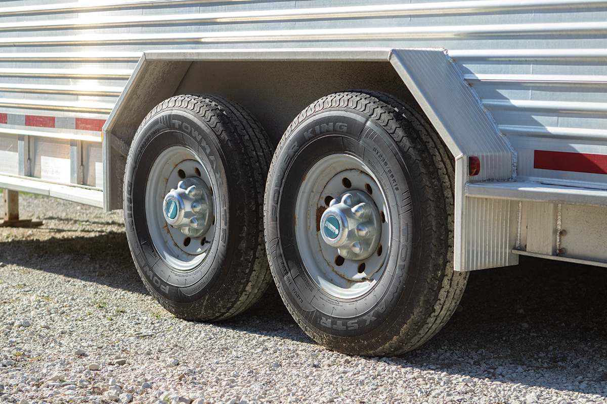 A close-up of horse trailer tires. For proper maintenance, these need to be replaced about every five to six years