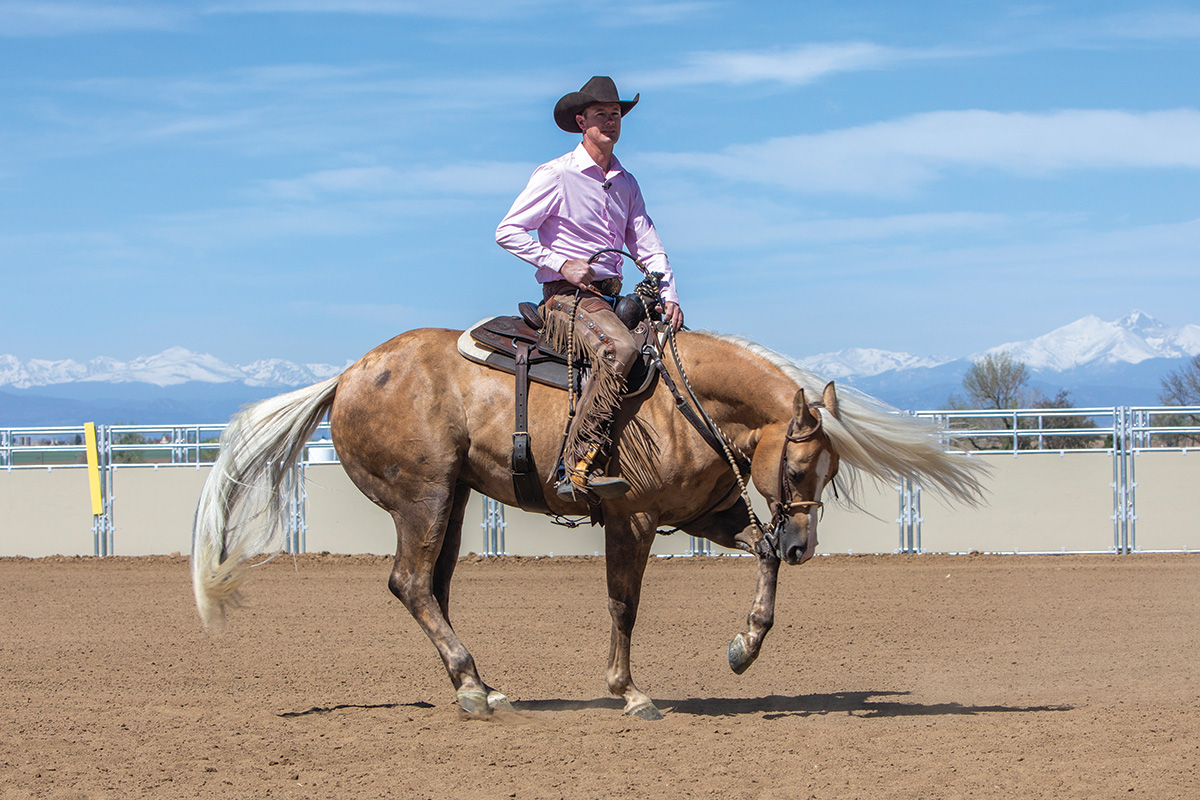 Cody Crow begins to turn a palomino horse