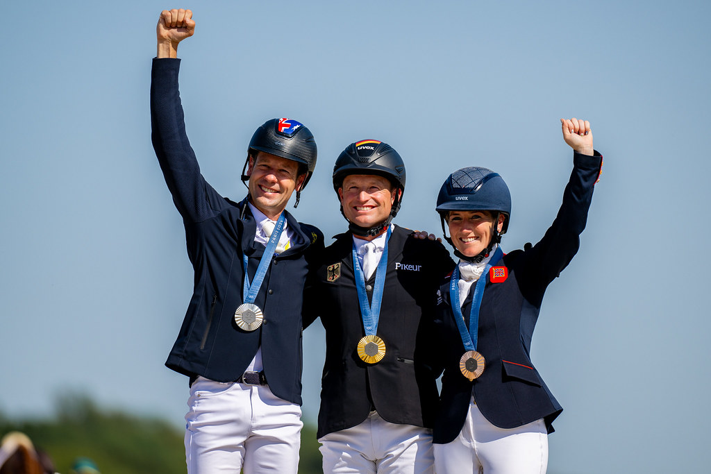 The individual eventing podium. Gold: Michael Jung and Chipmunk FRH (GER); Silver: Christopher Burton and Shadow Man (AUS); Bronze: Laura Collett and London 51 (GBR).