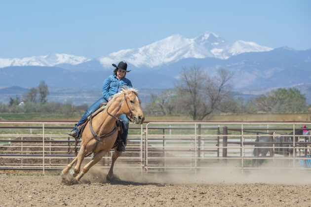 A cowgirl riding a palomino horse with a snowy mountain in the background