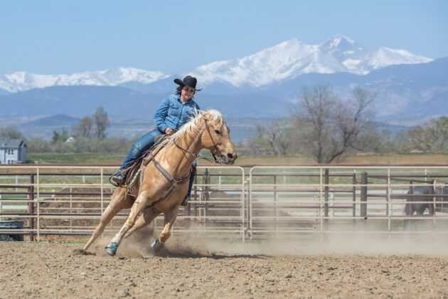 A cowgirl riding a palomino horse with a snowy mountain in the background