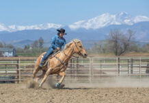 A cowgirl practicing a barrel racing pattern without a barrel