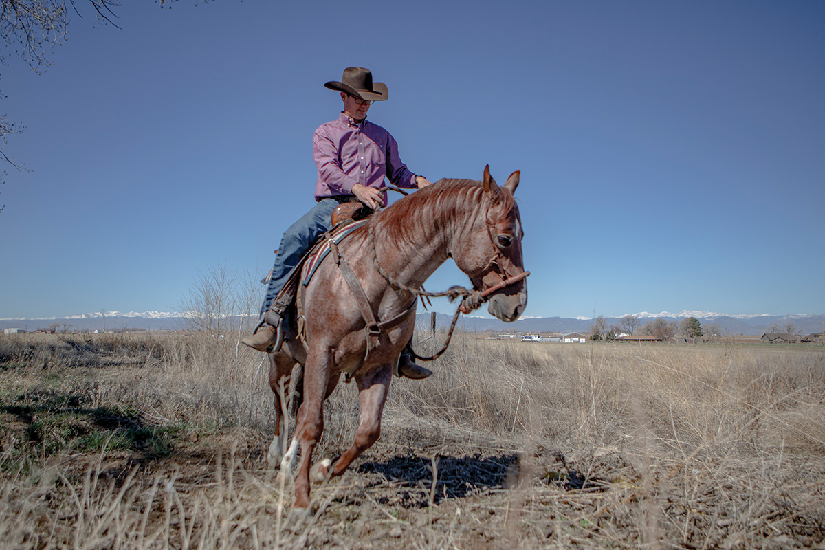 A trainer rides a red roan gelding