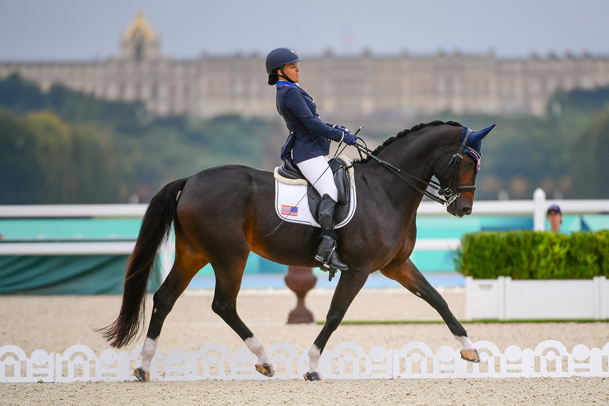 Rebecca Hart and Floratina performing in para dressage at the Paris 2024 Paralympics, where they won three gold medals for the U.S.