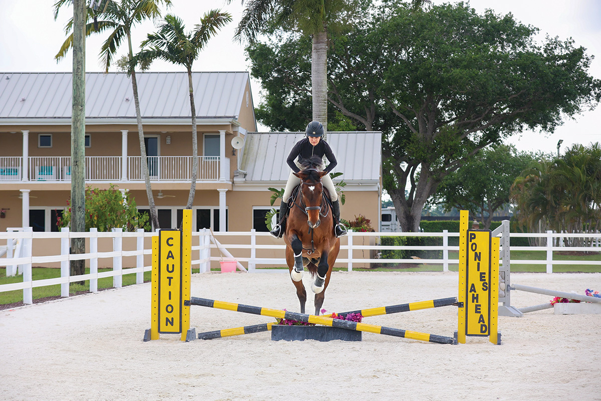 A horse and rider jumping over a fence, with the rider staying balanced in the center in case of stopping