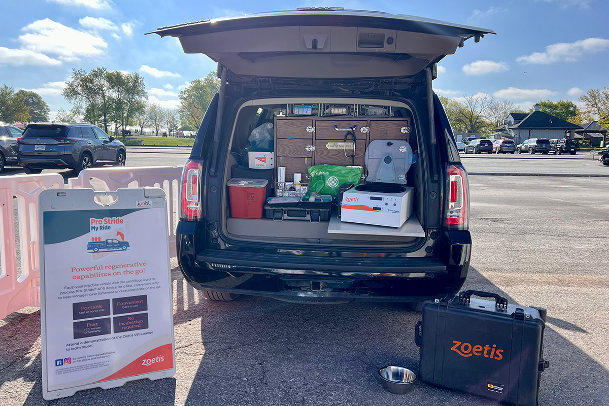 Dr. Helbig’s vet truck with Pro-Stride APS, Highlighting a ‘Pro-Stride My Ride’ set up at the Vet Lounge sponsored by Zoetis at the Defender Kentucky Three-Day Event.