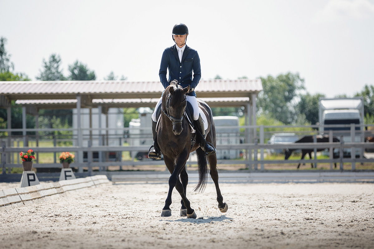 A dressage rider calms their horse show anxiety and nerves by focusing on their horse's footfalls