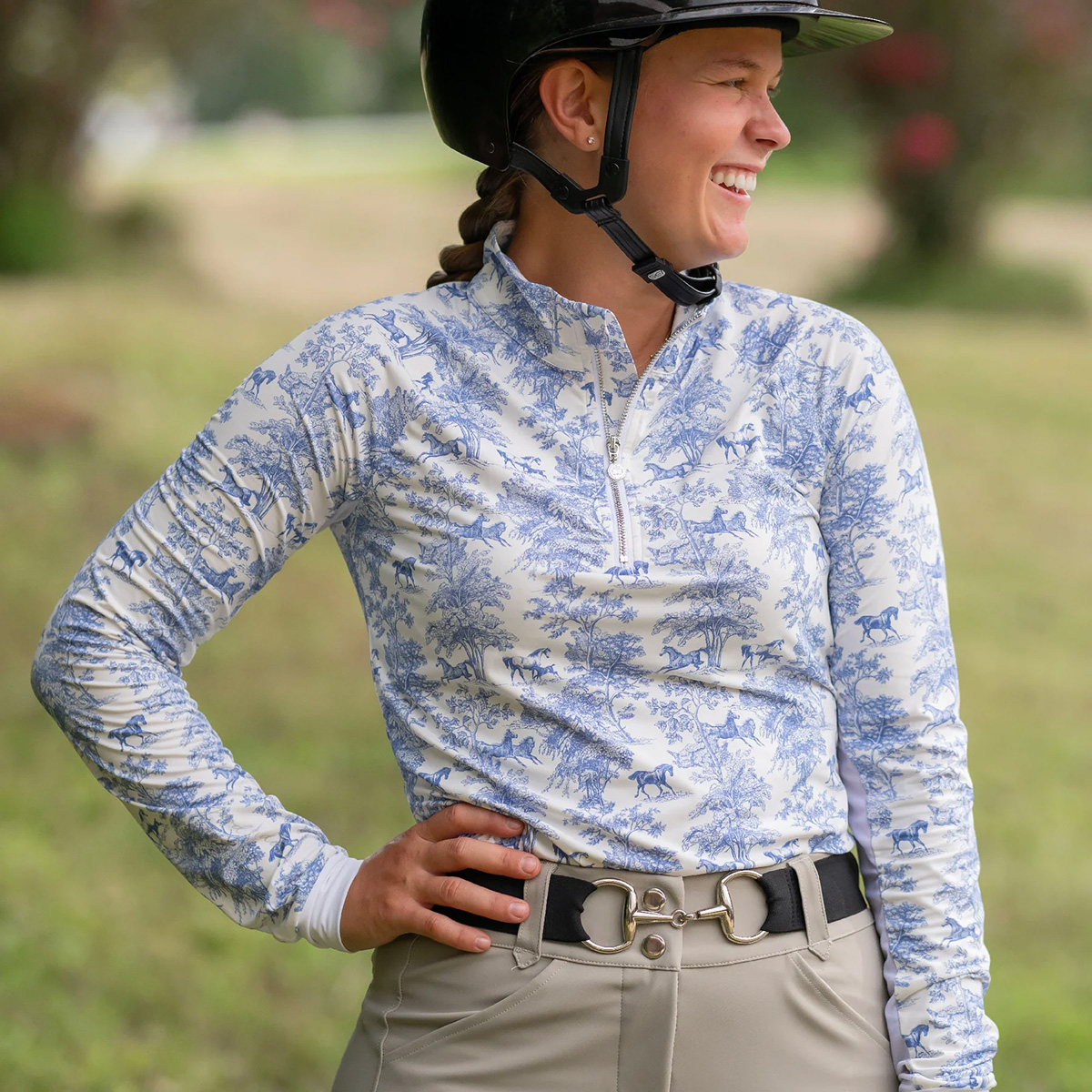 The Dapplebay Toile top, featured on this list of fall equestrian gear