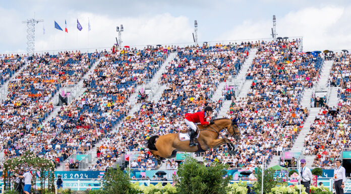 McLain Ward (USA) and Ilex sail over a jump before a large crowd