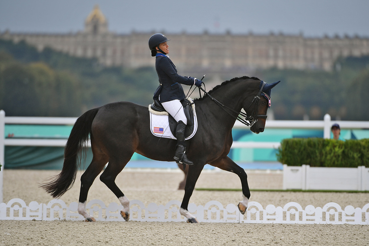 Rebecca Hart and Floratina perform their winning para dressage test aboard at the Paris 2024 Paralympics