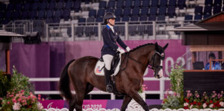 Roxanne Trunnell riding Dolton at the Tokyo Paralympics. The pair will look to repeat gold at the 2024 Paris Paralympics.