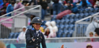 Rebecca Hart celebrates her winning test aboard Floratina at the Paris 2024 Paralympic Games