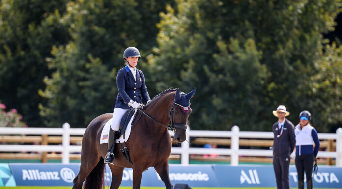 Roxie Trunnell and Fan Tastico H in para dressage team competition at the Paris 2024 Paralympics