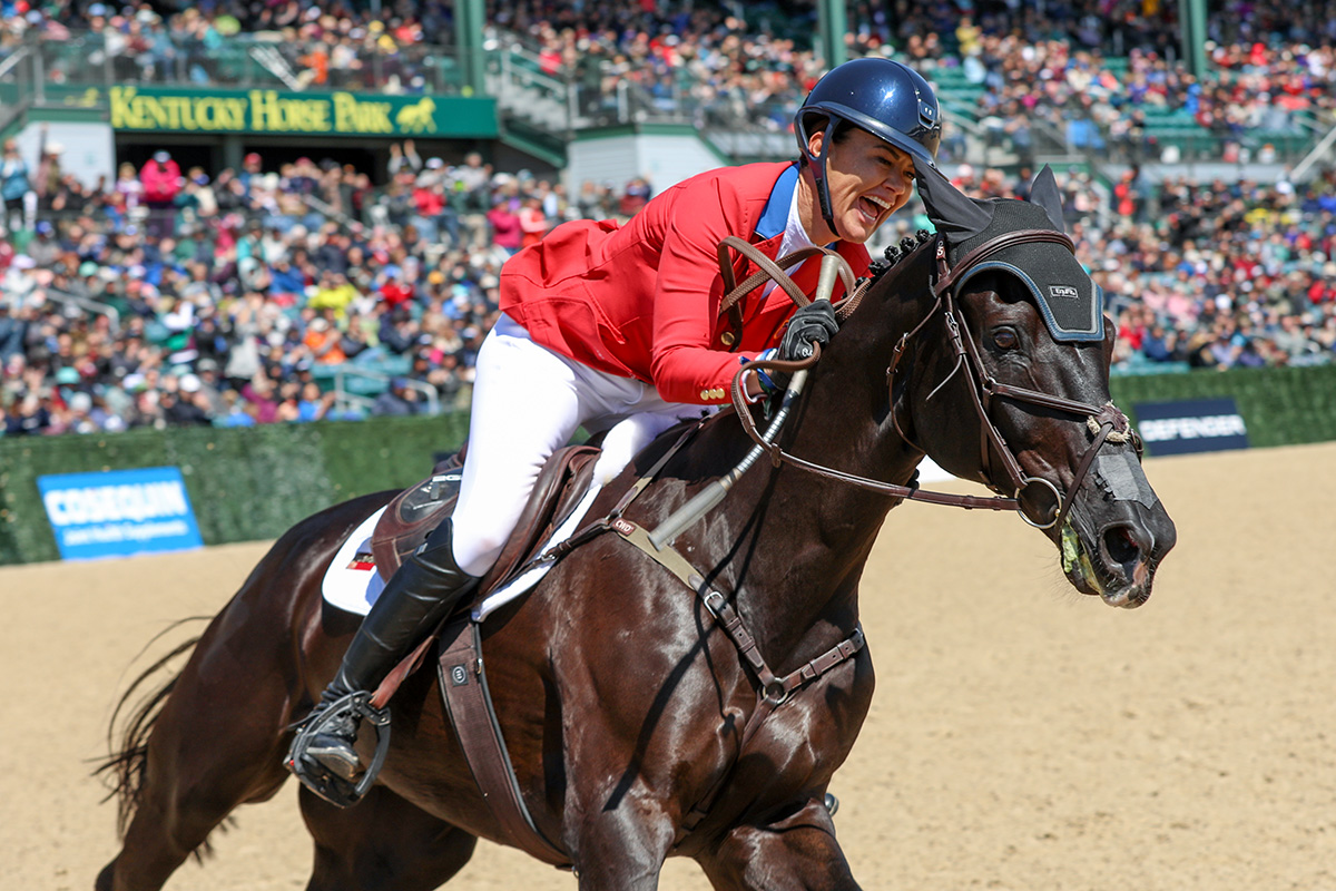 Tamie Smith celebrates a win at the 2023 Kentucky Three-Day Event aboard Mai Baum.