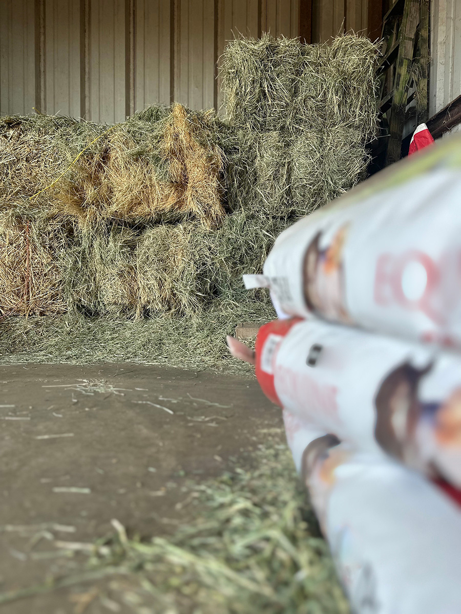 Hay stacked in a barn with bags in the forefront